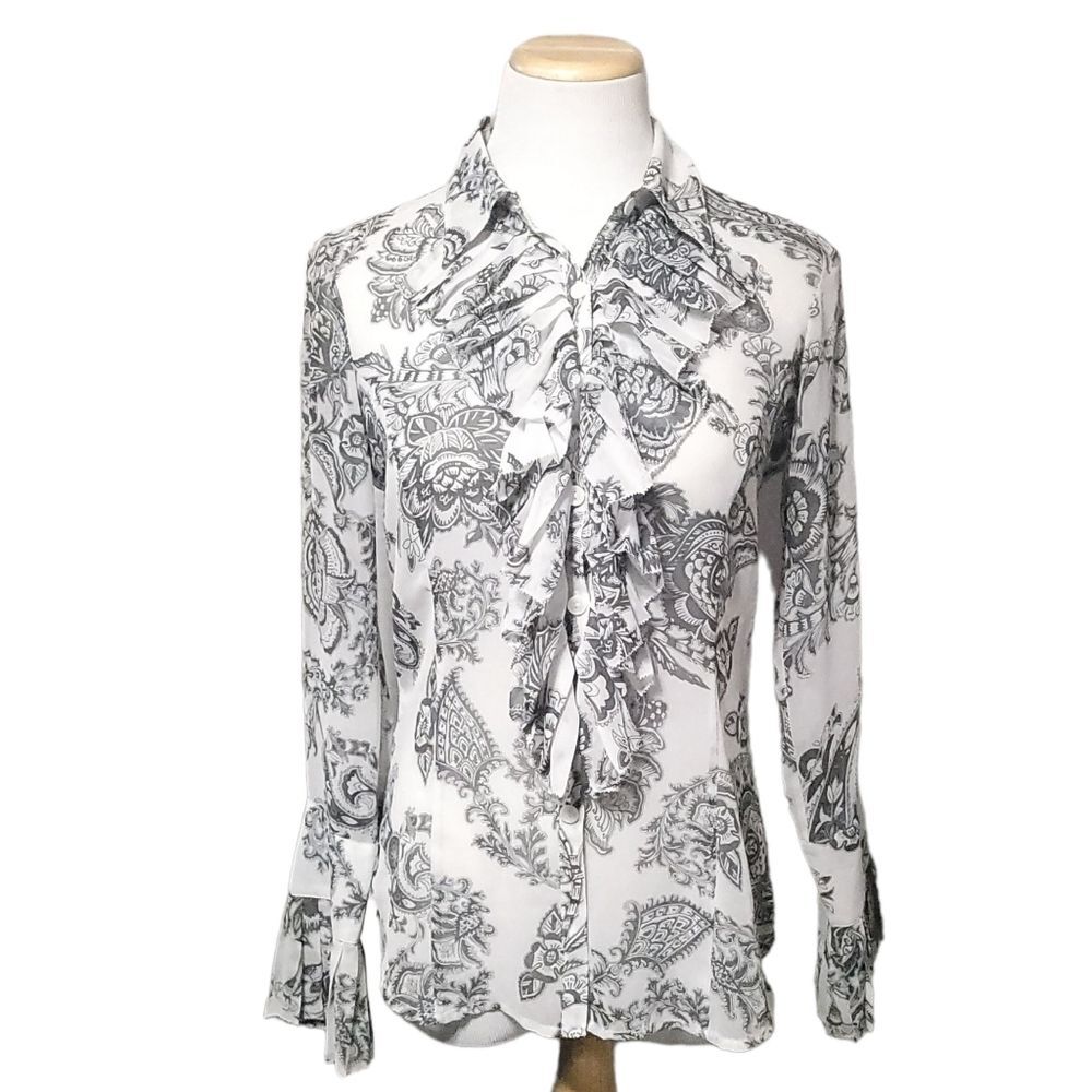 Cabi Catherine #731 blouse sheer Paisley floral black and white womens small